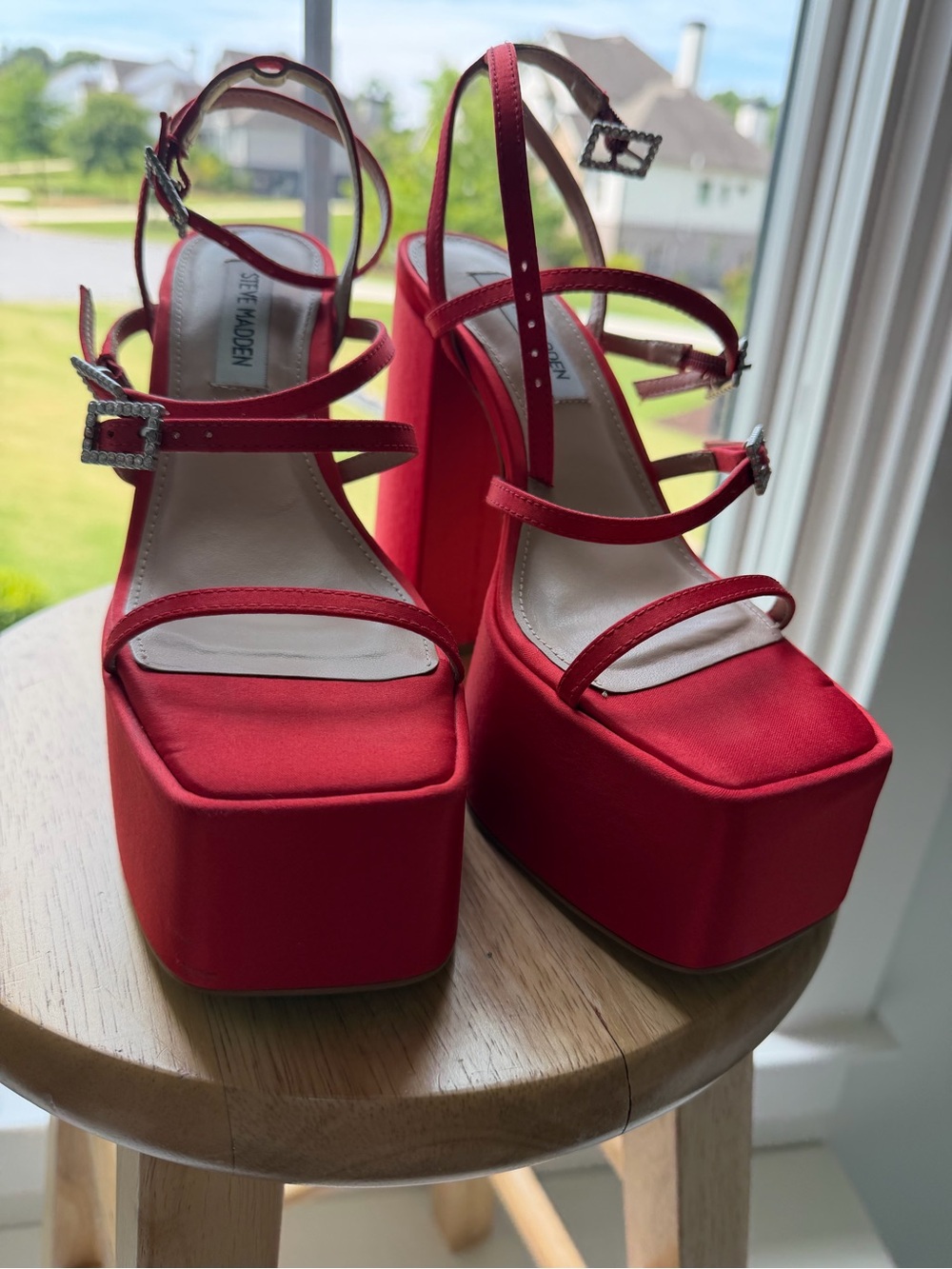 Steve Madden Red Satin Multi-Strap Platform Sandals GIA HEEL